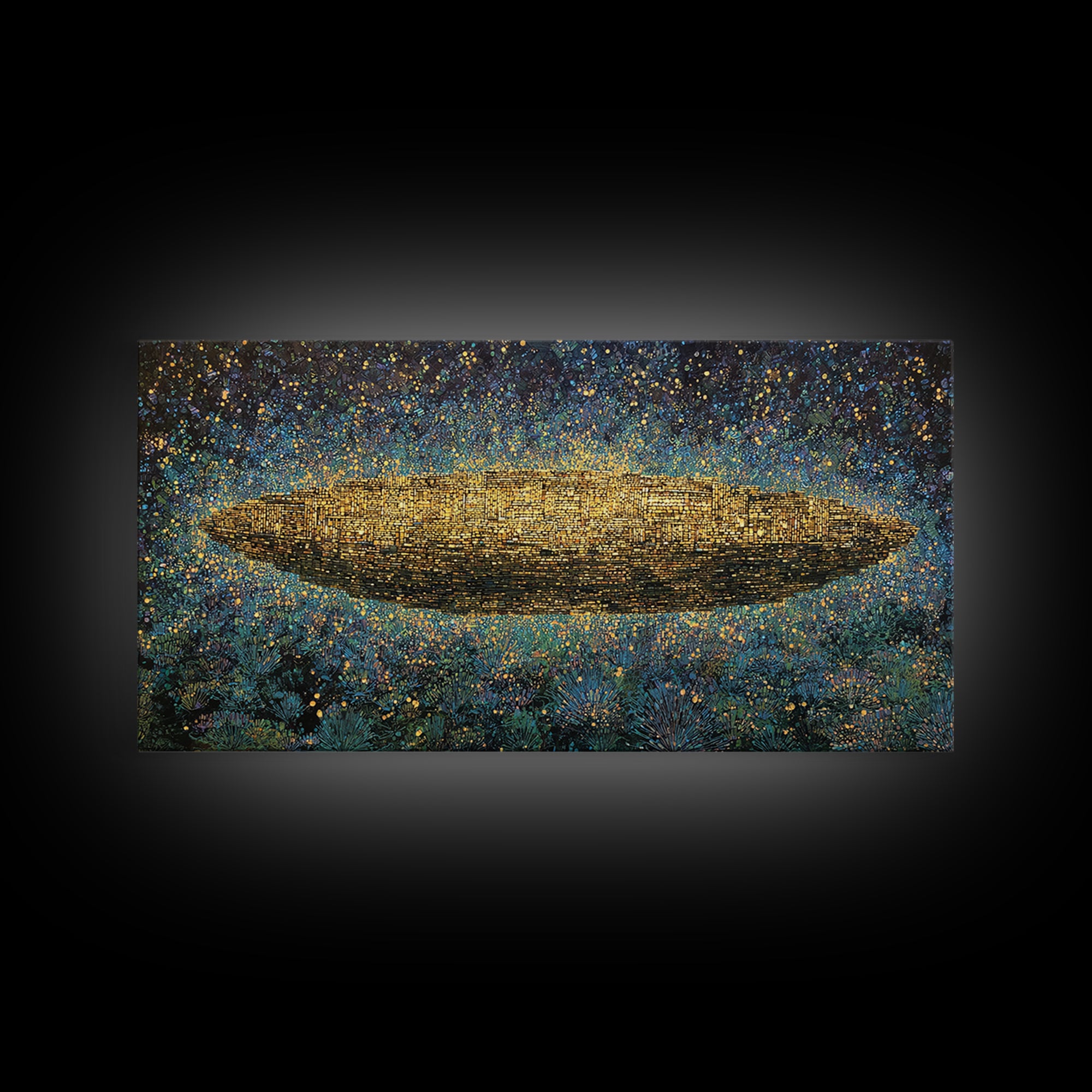 Glowing Golden Oval Over Blue Meadow Canvas Print, Abstract African Art, Textured Art Print, Luxury Canvas Art Decor Gift