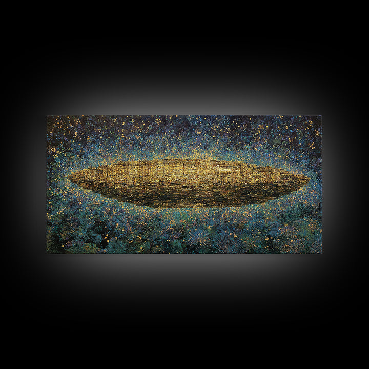 Glowing Golden Oval Over Blue Meadow Canvas Print, Abstract African Art, Textured Art Print, Luxury Canvas Art Decor Gift
