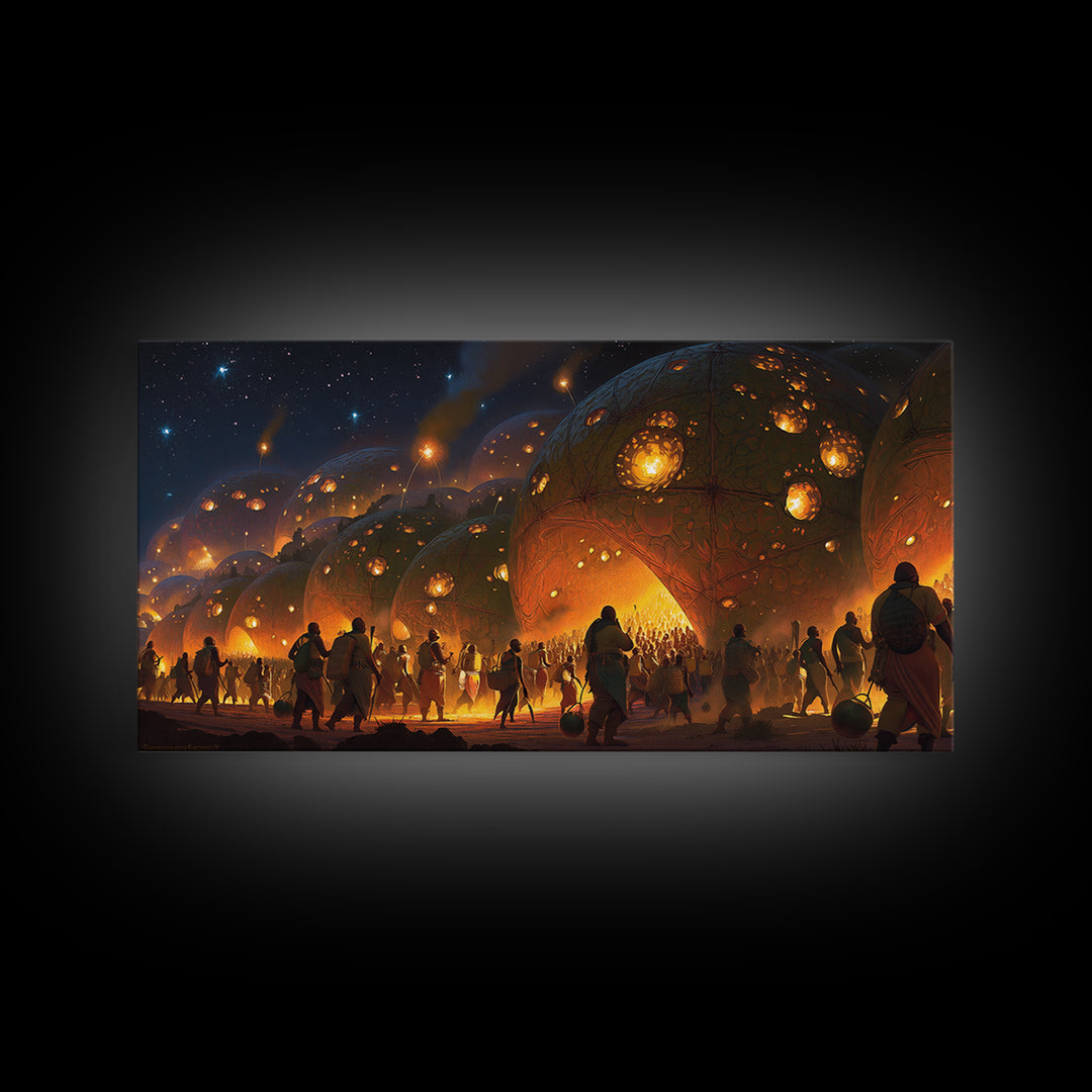 Fiery Afrofuturist Dome Village Wall Art, Modern African Art, Black Culture Art, Statement Canvas Decor For Living Room Gift