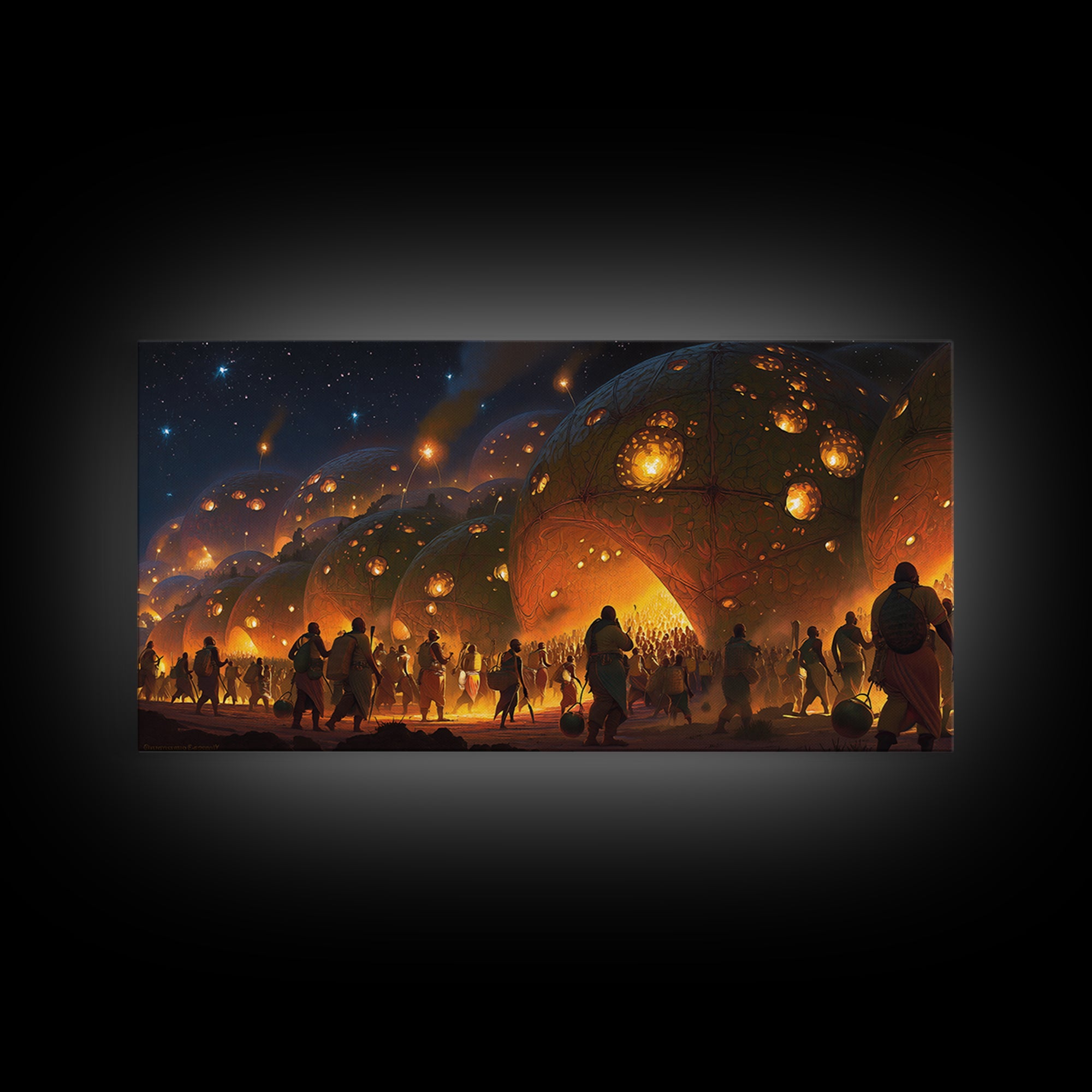 Fiery Afrofuturist Dome Village Wall Art, Modern African Art, Black Culture Art, Statement Canvas Decor For Living Room Gift
