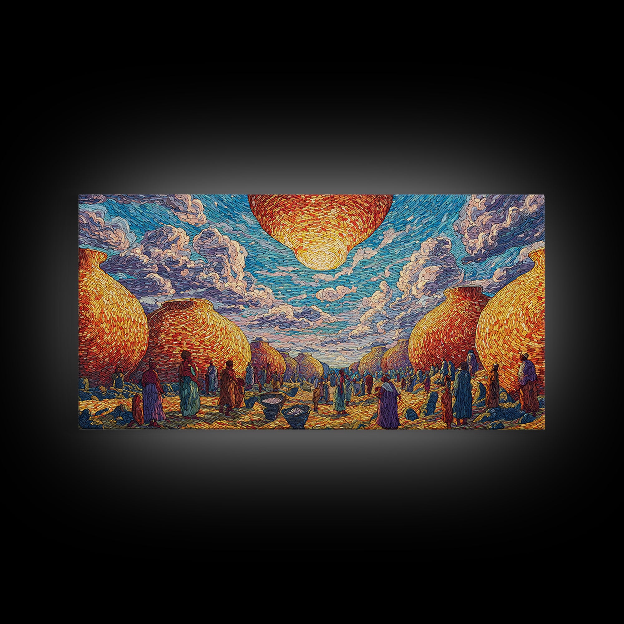 Golden Woven Village And Blue Sky Wall Art, African Landscape, Cultural Art Print, Boho African Home Decor Gift For Living Room
