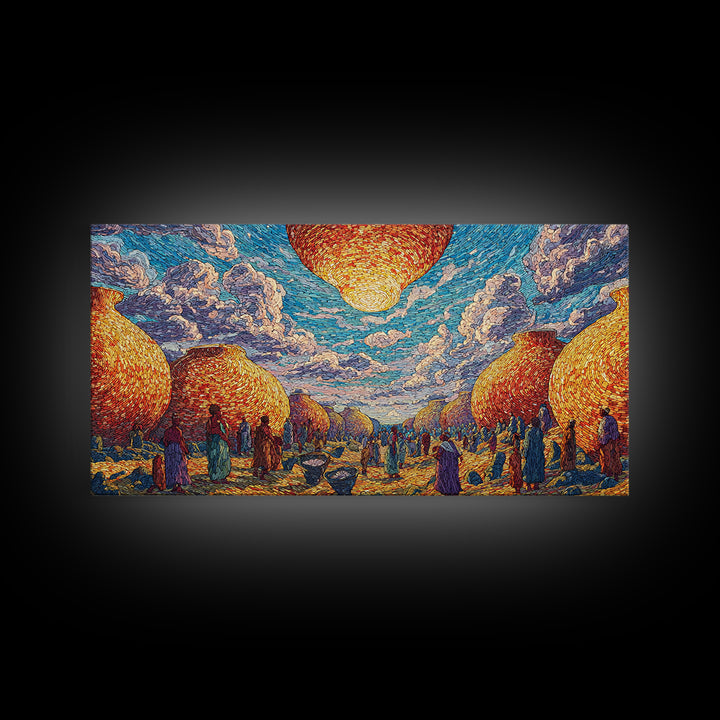 Golden Woven Village And Blue Sky Wall Art, African Landscape, Cultural Art Print, Boho African Home Decor Gift For Living Room