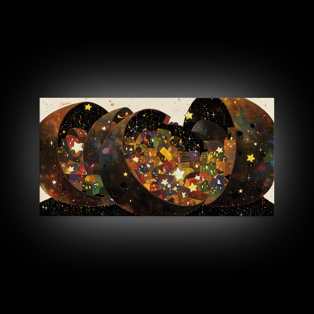 Celestial Crescent Star Village Wall Art, African Inspired Abstract, Black Gold Canvas Print, Whimsical Boho Decor Gift For Her