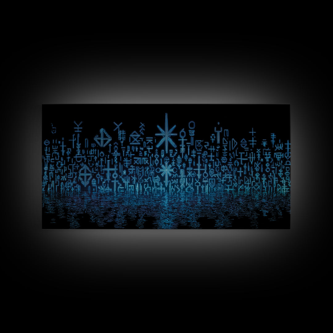 Blue Glowing Ancestral Symbols Over Water Canvas Print, African Abstract Art, Spiritual Wall Art, Mystical Wall Decor Gift