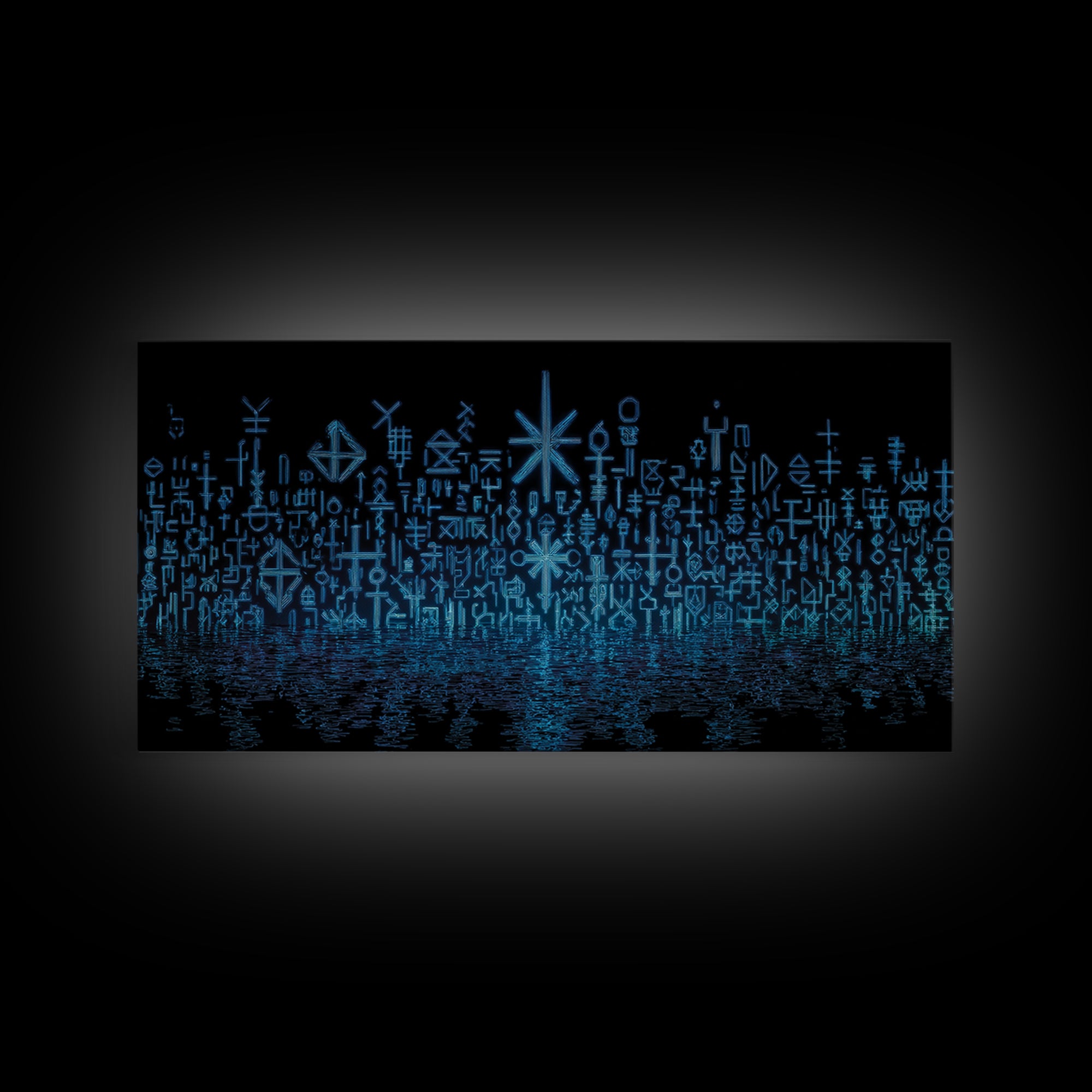 Blue Glowing Ancestral Symbols Over Water Canvas Print, African Abstract Art, Spiritual Wall Art, Mystical Wall Decor Gift