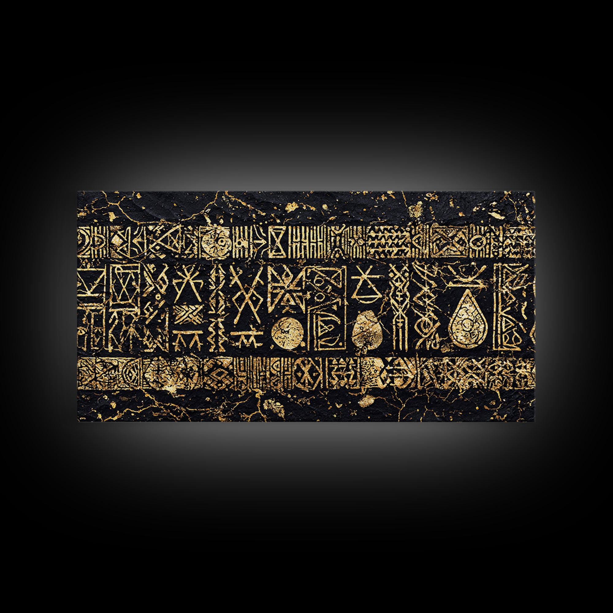 Ancient Gold Tribal Symbols On Black Stone Wall Art, African Tribal Art, Cultural Wall Decor, Textured Canvas Print Gift