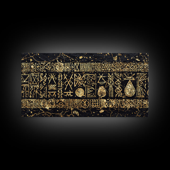 Ancient Gold Tribal Symbols On Black Stone Wall Art, African Tribal Art, Cultural Wall Decor, Textured Canvas Print Gift