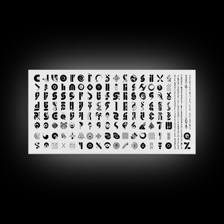 Black Abstract Symbol Alphabet On White Wall Art, African Patterns, Geometric Wall Art, Minimalist Canvas Print Decor Gift
