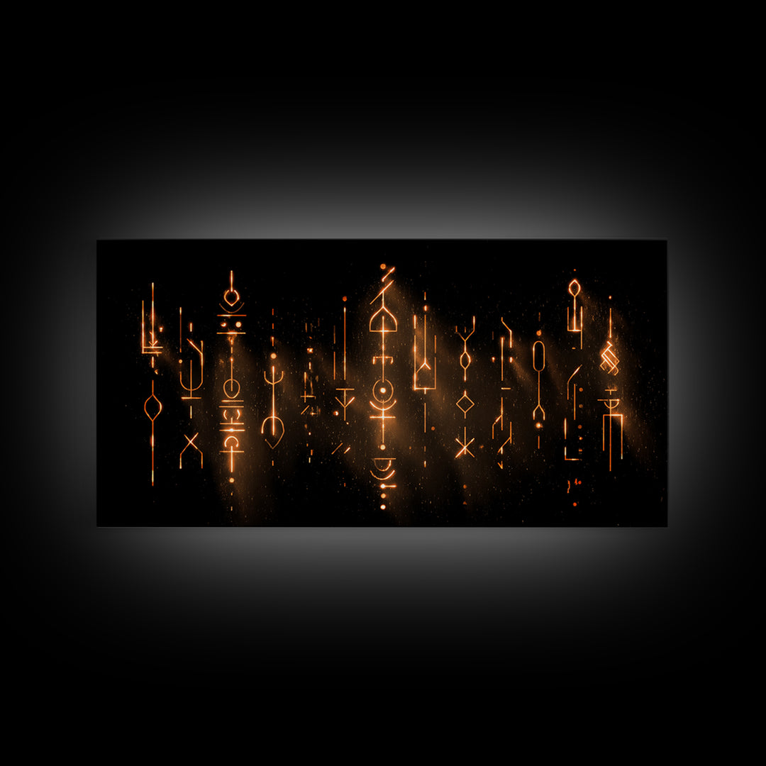 Glowing Ancestral Symbols Wall Art, African Inspired Abstract Canvas, Spiritual Black Gold Decor, Mystic Tribal Art Print