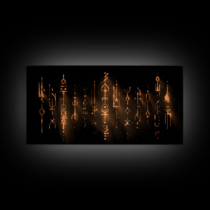 Glowing Ancestral Symbols Wall Art, African Inspired Abstract Canvas, Spiritual Black Gold Decor, Mystic Tribal Art Print