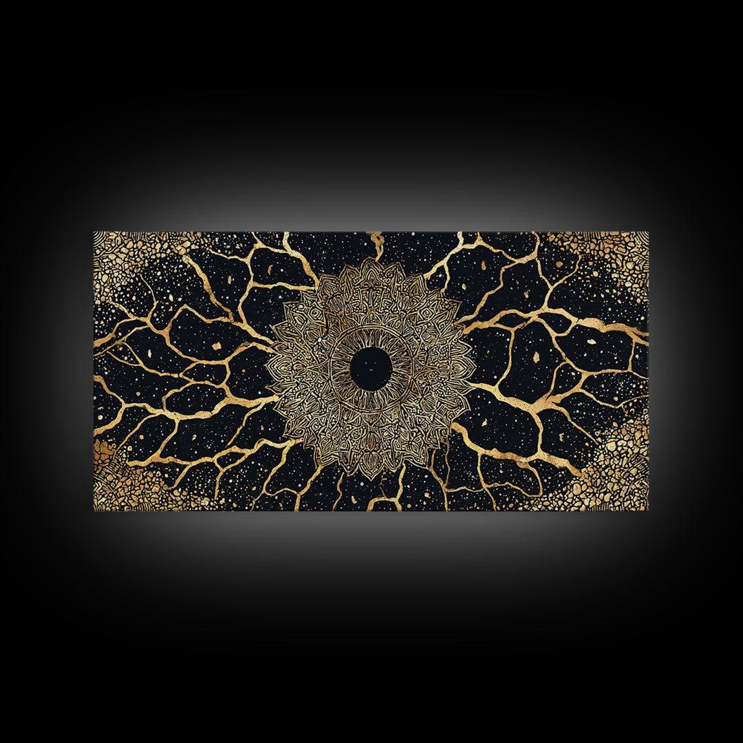 Golden Mandala Cosmos Wall Art, Black And Gold Abstract African Inspired Decor, Spiritual Geometric Canvas Print For Living Room