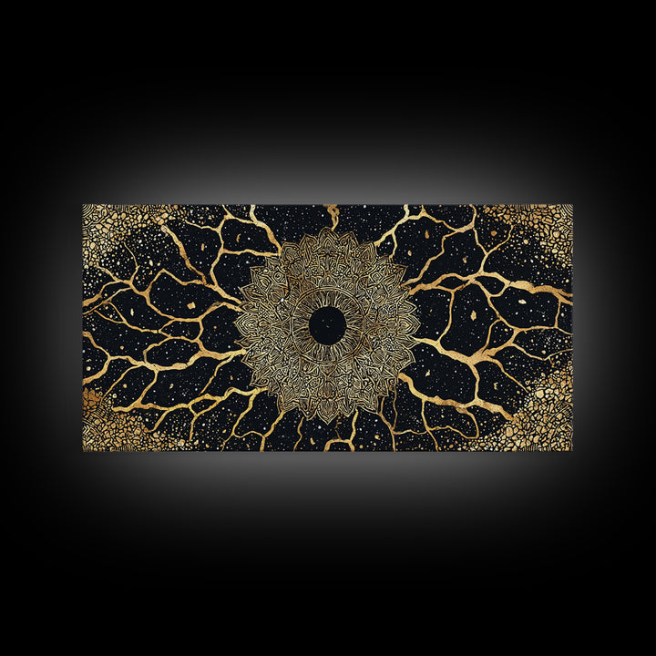 Golden Mandala Cosmos Wall Art, Black And Gold Abstract African Inspired Decor, Spiritual Geometric Canvas Print For Living Room