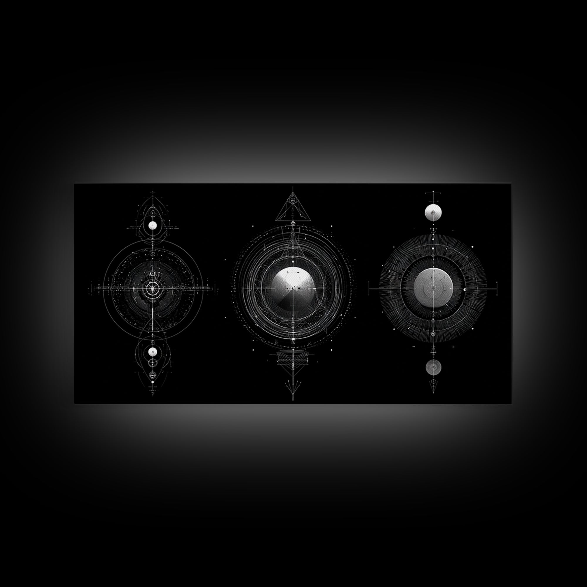 Celestial Geometry Triptych Canvas Print, Black And Silver Abstract Wall Art, Mystical Modern Decor For Meditation Room Gift