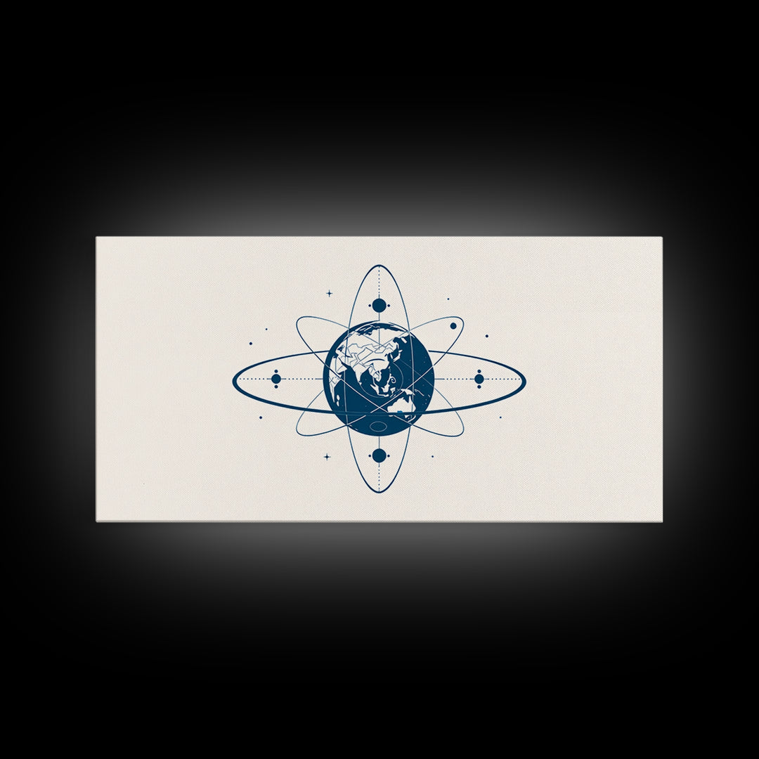 Blue Earth Atom Wall Art, Minimalist Globe Orbit Illustration, Science Inspired Canvas Print, Modern Office Decor For Home