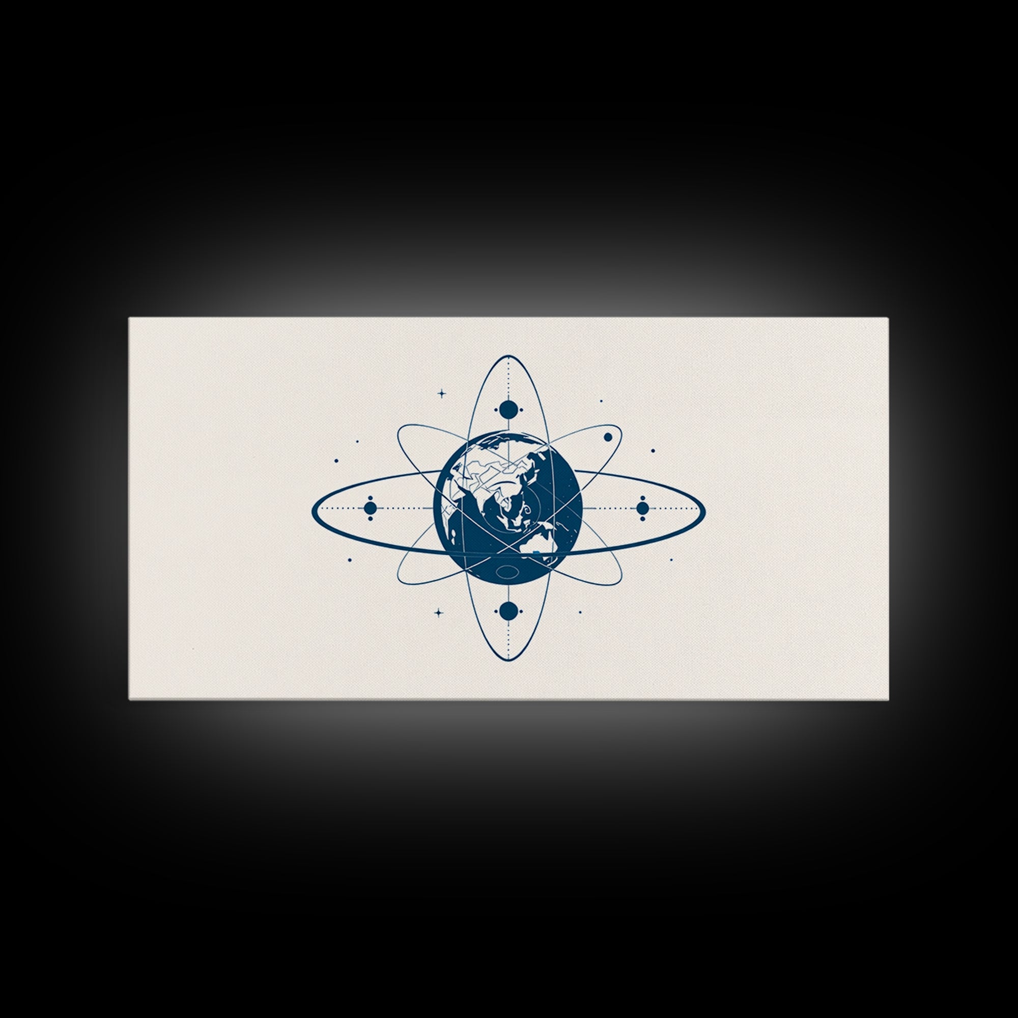 Blue Earth Atom Wall Art, Minimalist Globe Orbit Illustration, Science Inspired Canvas Print, Modern Office Decor For Home
