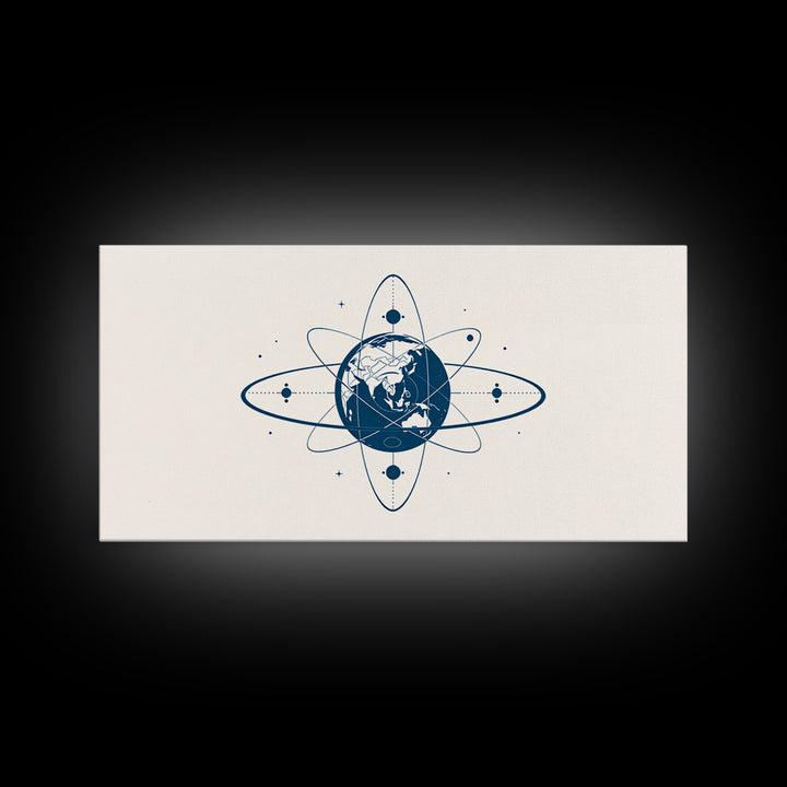 Blue Earth Atom Wall Art, Minimalist Globe Orbit Illustration, Science Inspired Canvas Print, Modern Office Decor For Home