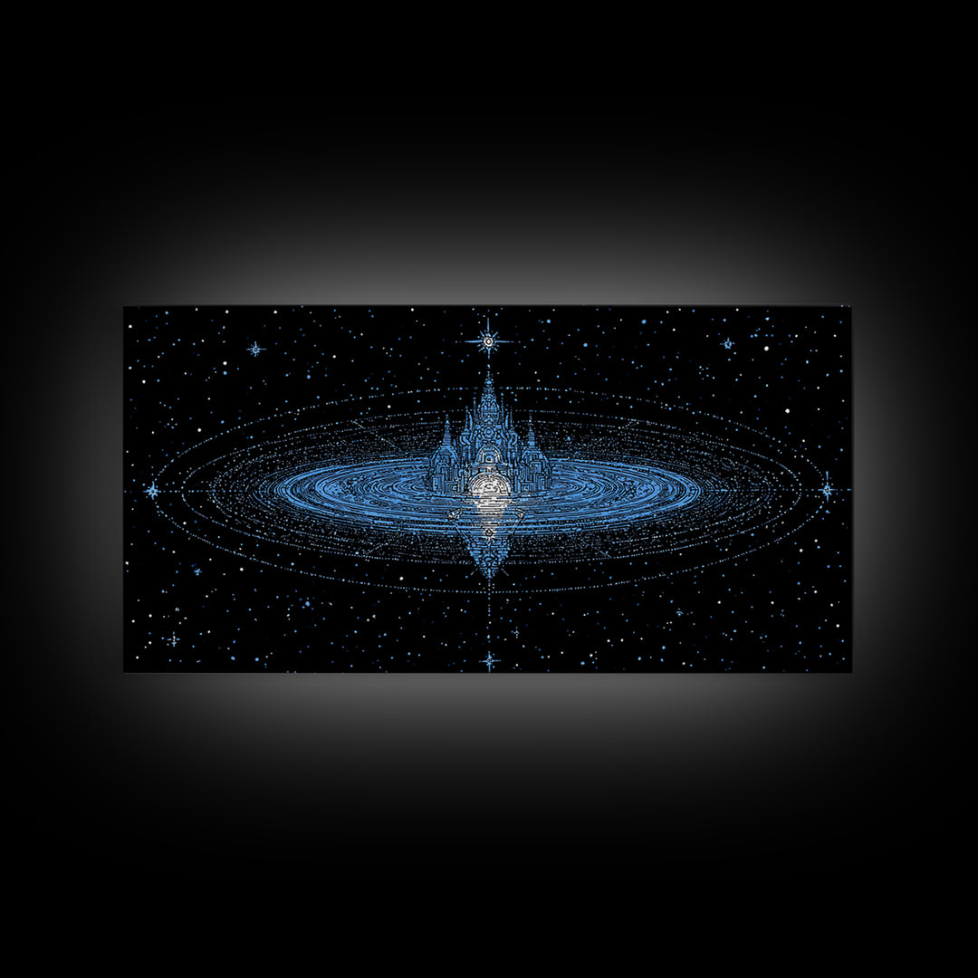 Blue Star City Wall Art, Cosmic Castle On Water, Dreamy Celestial Canvas Print, Mystical Night Sky Decor For Bedroom Gift