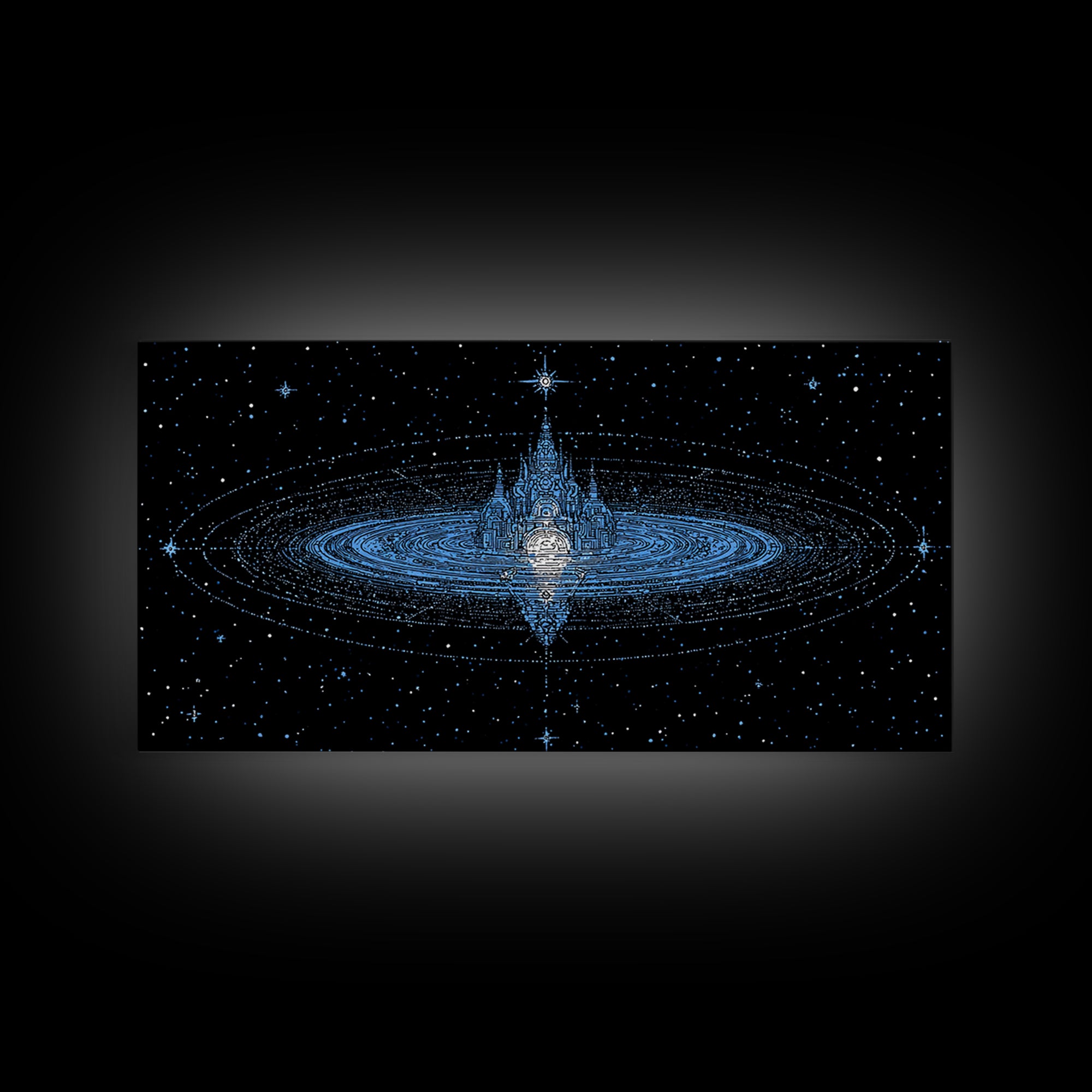 Blue Star City Wall Art, Cosmic Castle On Water, Dreamy Celestial Canvas Print, Mystical Night Sky Decor For Bedroom Gift