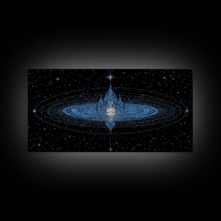 Blue Star City Wall Art, Cosmic Castle On Water, Dreamy Celestial Canvas Print, Mystical Night Sky Decor For Bedroom Gift