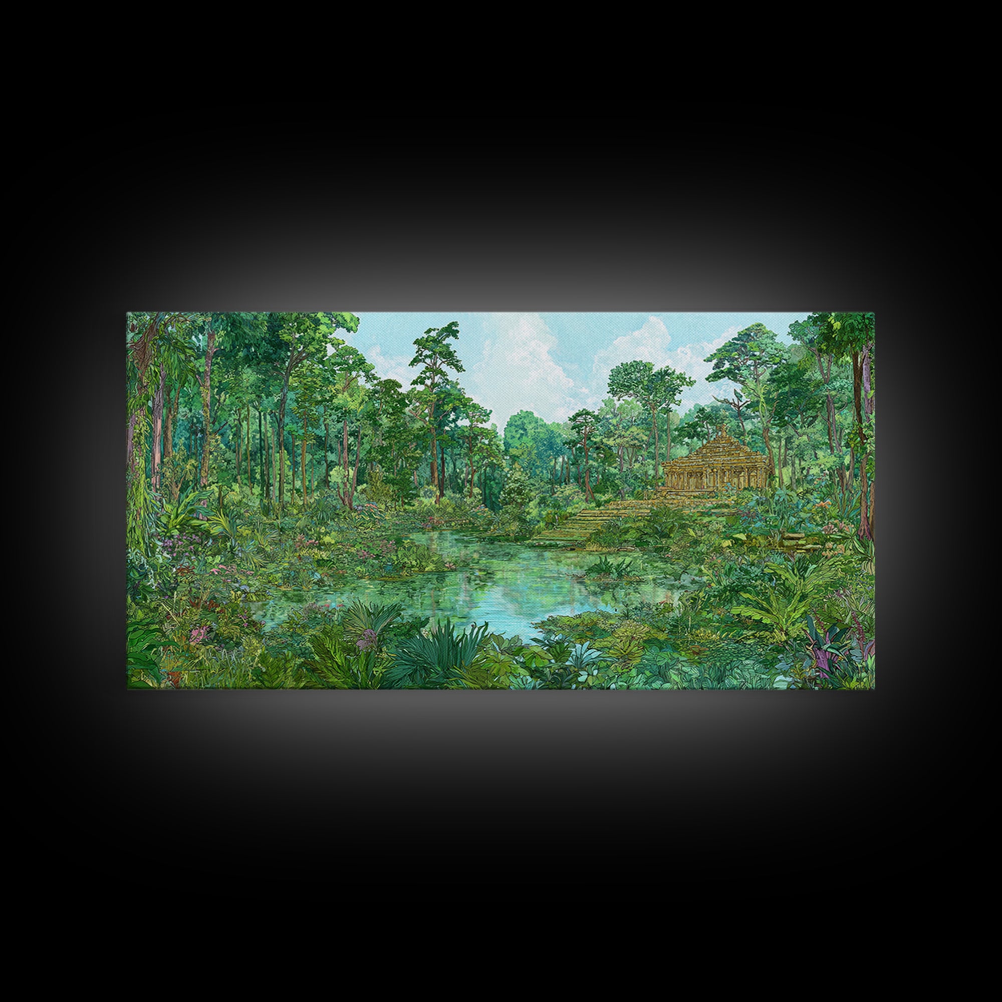 Lush Jungle Temple Wall Art, Tropical Lagoon Landscape, Green Nature Canvas Print, Serene Boho Home Decor Gift For Living Room