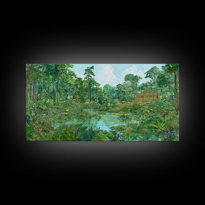 Lush Jungle Temple Wall Art, Tropical Lagoon Landscape, Green Nature Canvas Print, Serene Boho Home Decor Gift For Living Room