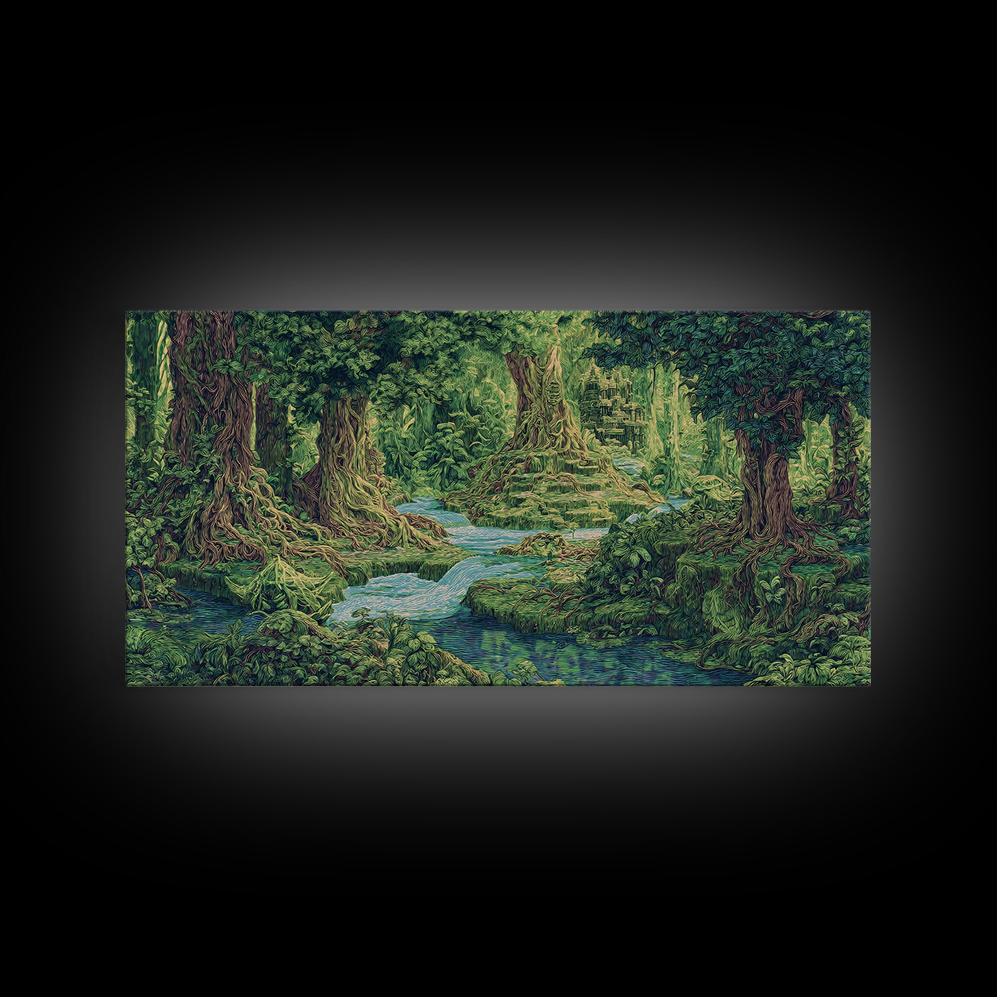 Ancient Jungle Stream Canvas Print, Fantasy Forest Ruins, Green Nature Wall Art, Tropical Landscape Decor For Living Room