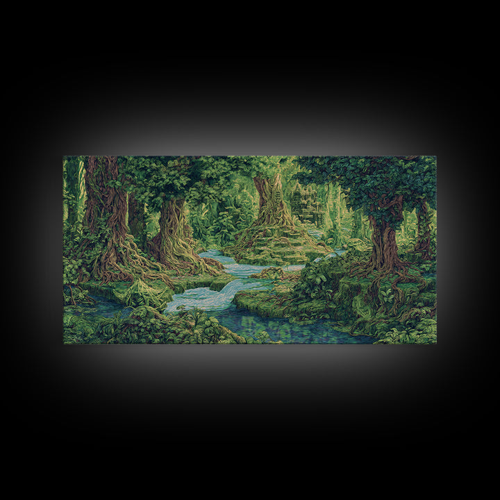Ancient Jungle Stream Canvas Print, Fantasy Forest Ruins, Green Nature Wall Art, Tropical Landscape Decor For Living Room
