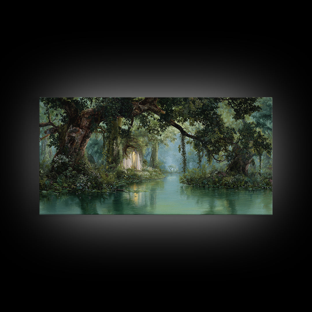 Misty Bayou Forest Wall Art, Dreamy River Landscape, Ancient Trees Canvas Print, Elegant Green Nature Decor For Home Gift