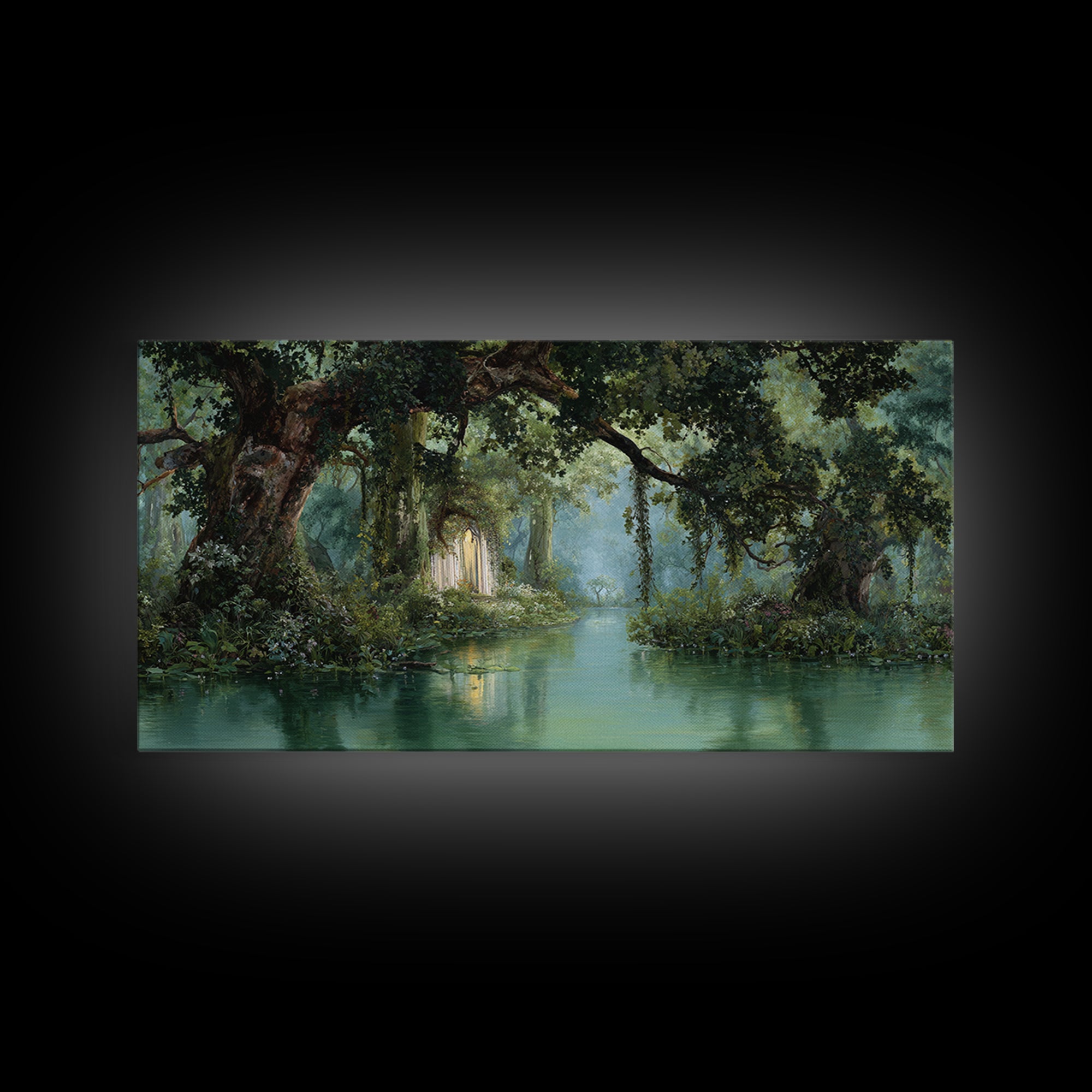 Misty Bayou Forest Wall Art, Dreamy River Landscape, Ancient Trees Canvas Print, Elegant Green Nature Decor For Home Gift