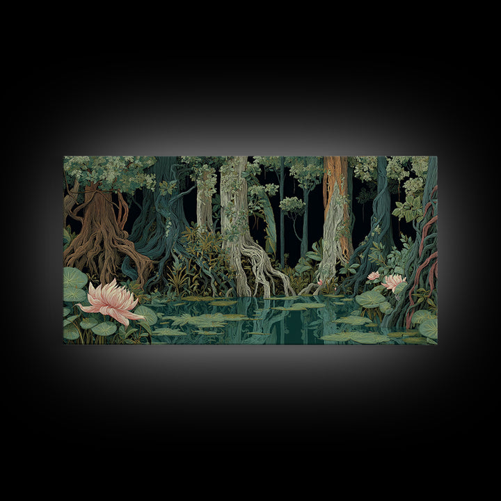 Dark Mangrove Swamp With Lotus Flowers Wall Art, Moody Jungle African Landscape, Boho Nature Canvas, Living Room Decor Gift