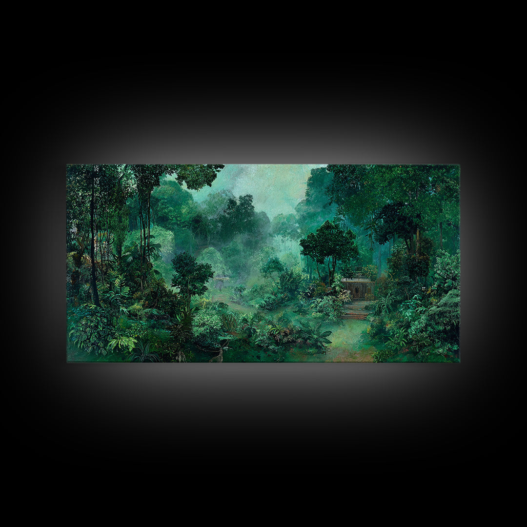 Misty Emerald Jungle Path Wall Art, African Safari Landscape, Tropical Nature Scene, Green Living Room Decor, Serene Gift