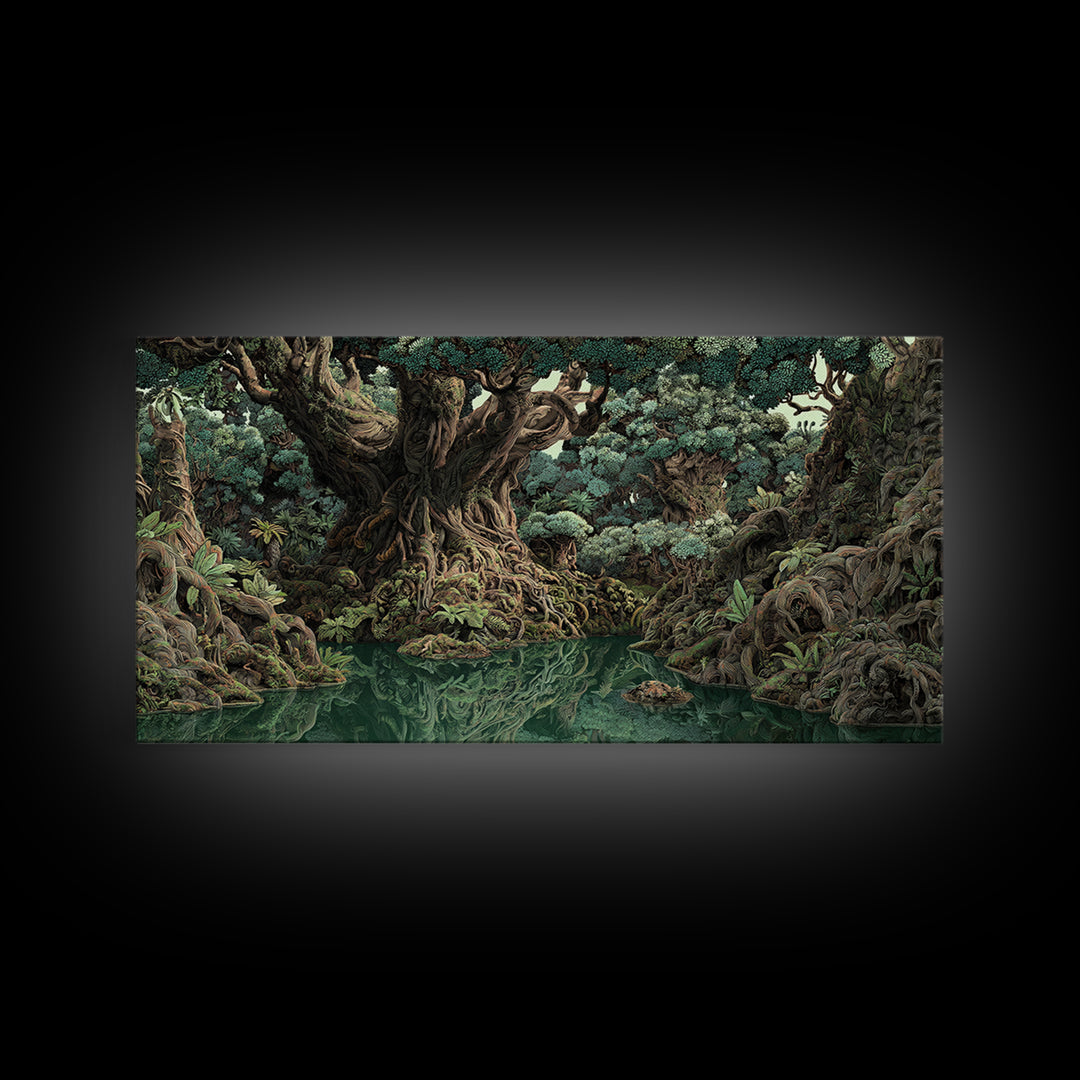 Ancient Banyan Tree Lagoon Canvas Print, Mystical Jungle African Landscape Wall Art, Boho Nature Decor, Statement Home Gift
