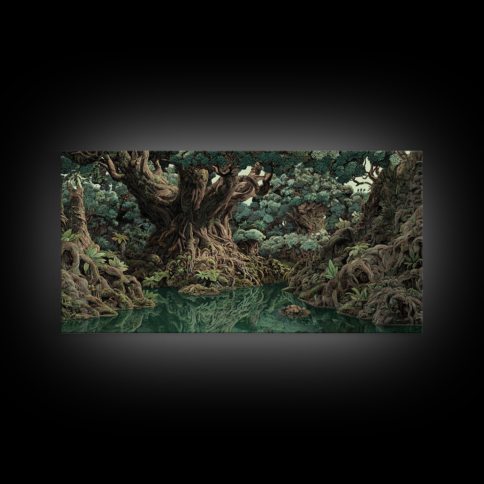 Ancient Banyan Tree Lagoon Canvas Print, Mystical Jungle African Landscape Wall Art, Boho Nature Decor, Statement Home Gift