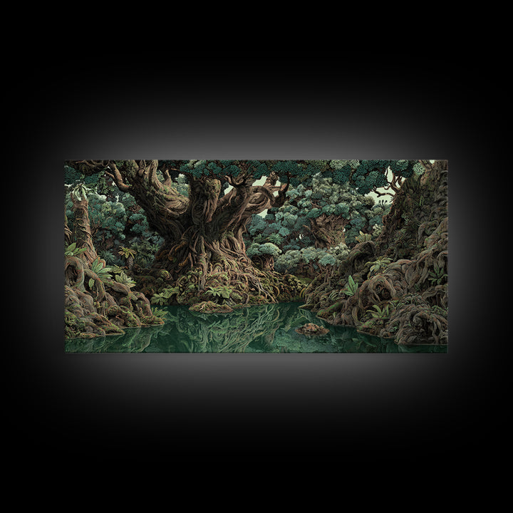 Ancient Banyan Tree Lagoon Canvas Print, Mystical Jungle African Landscape Wall Art, Boho Nature Decor, Statement Home Gift