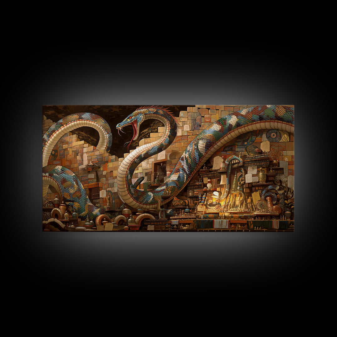 Jeweled Giant Serpents In Antique Market Canvas Print, Mystical African Inspired Wall Art, Exotic Boho Decor, Unique Gift