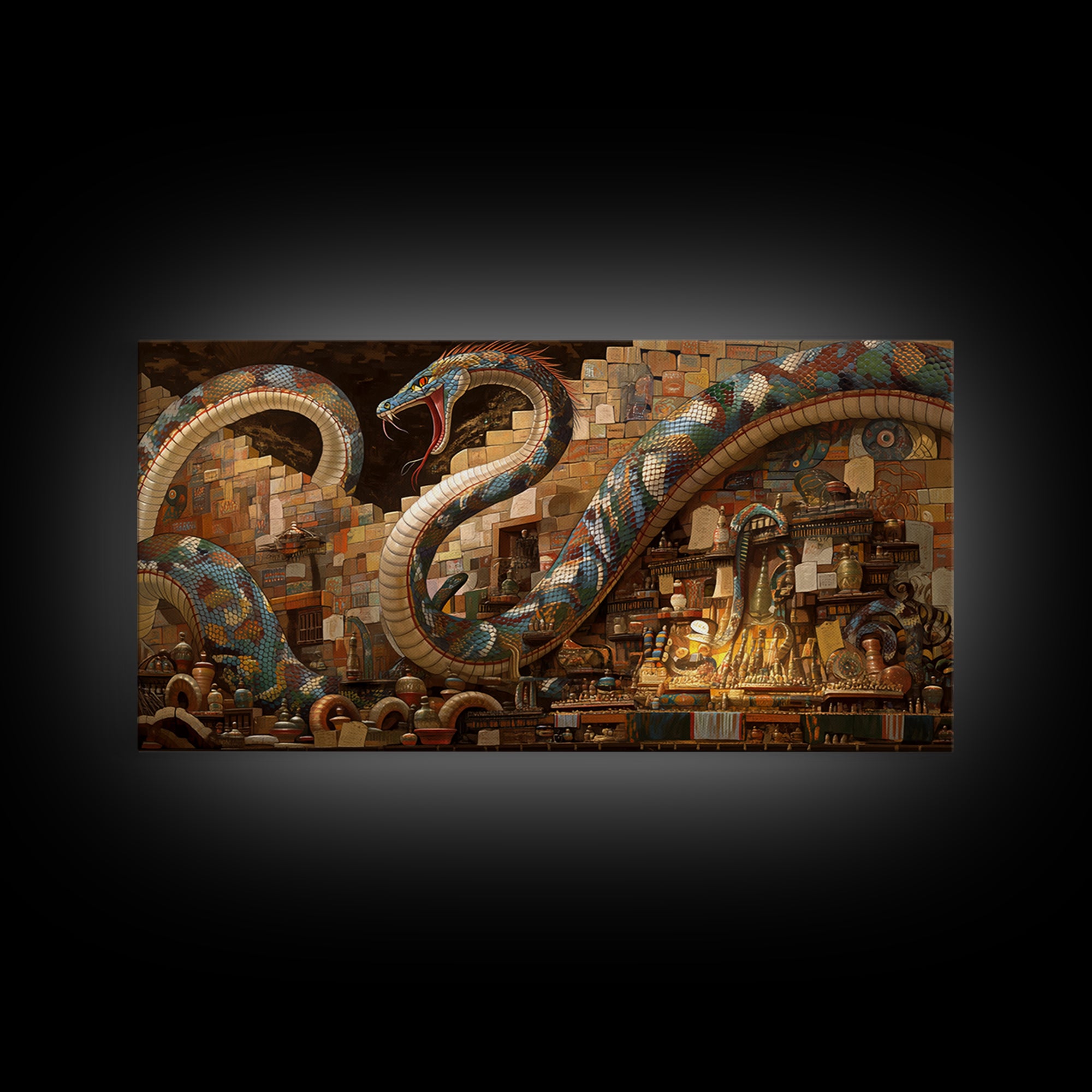 Jeweled Giant Serpents In Antique Market Canvas Print, Mystical African Inspired Wall Art, Exotic Boho Decor, Unique Gift
