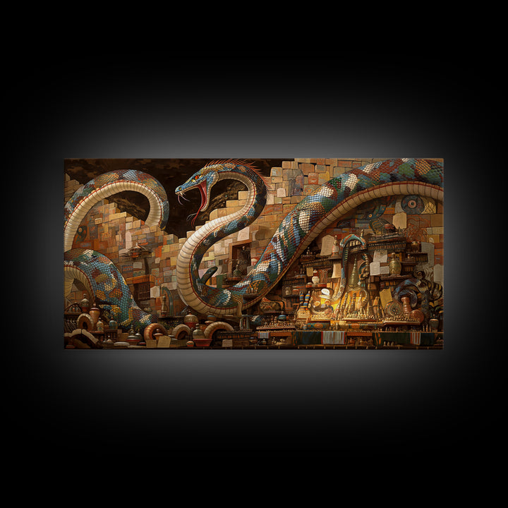 Jeweled Giant Serpents In Antique Market Canvas Print, Mystical African Inspired Wall Art, Exotic Boho Decor, Unique Gift