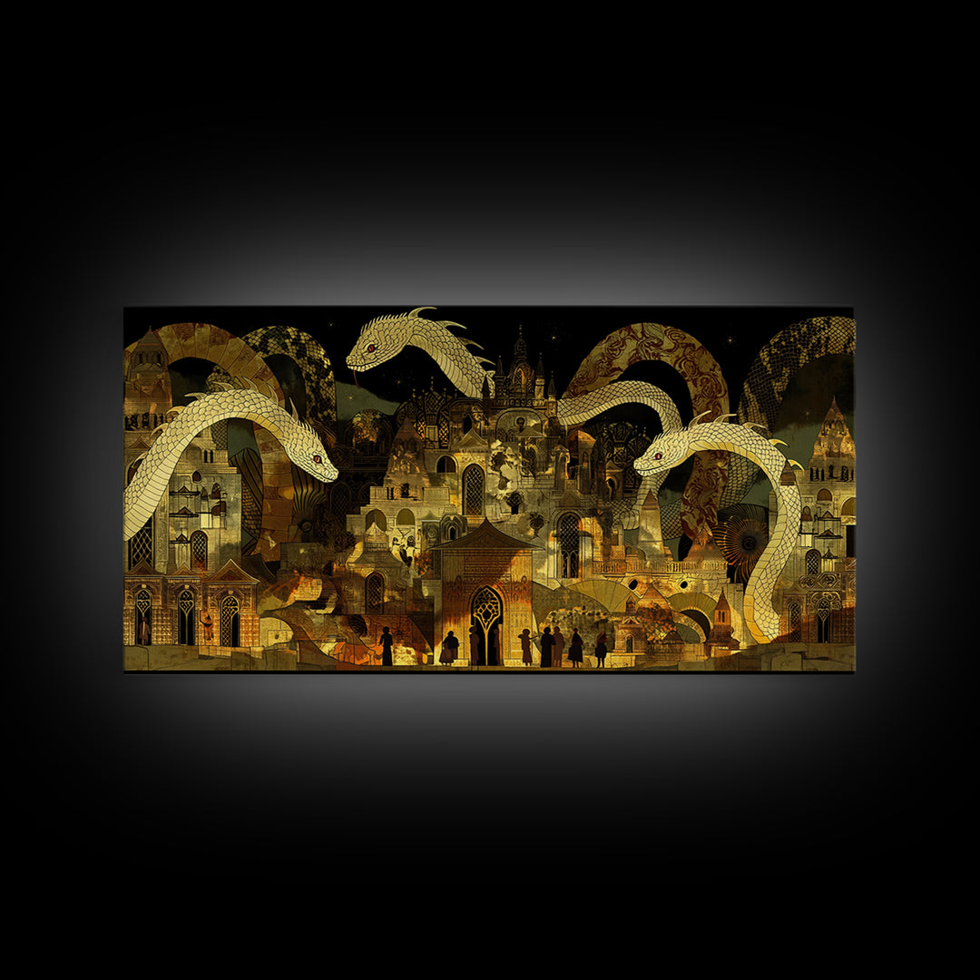 Golden Serpents Over Palace City Wall Art, Mystical African Inspired Canvas Print, Black Gold Decor, Fantasy Statement Gift