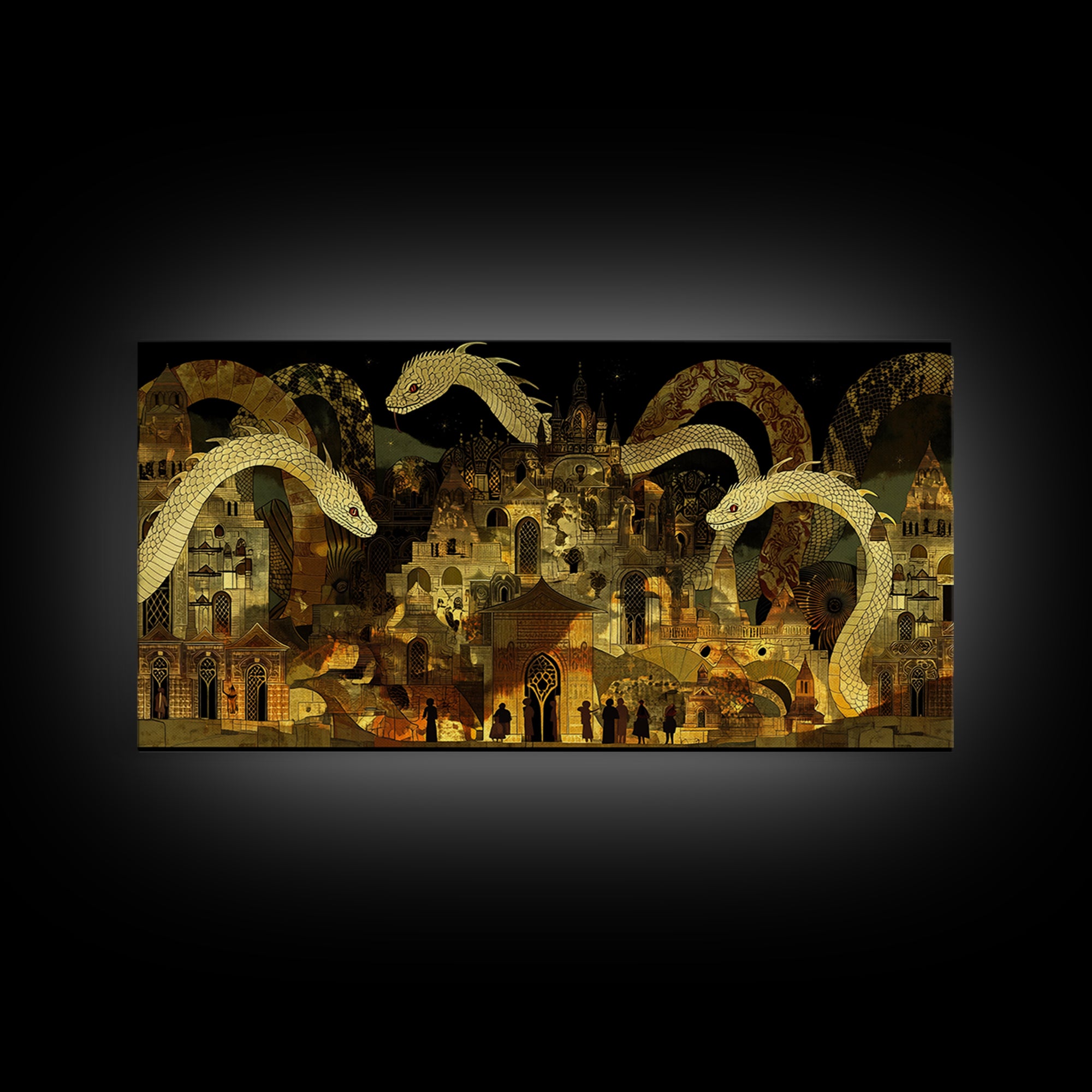 Golden Serpents Over Palace City Wall Art, Mystical African Inspired Canvas Print, Black Gold Decor, Fantasy Statement Gift