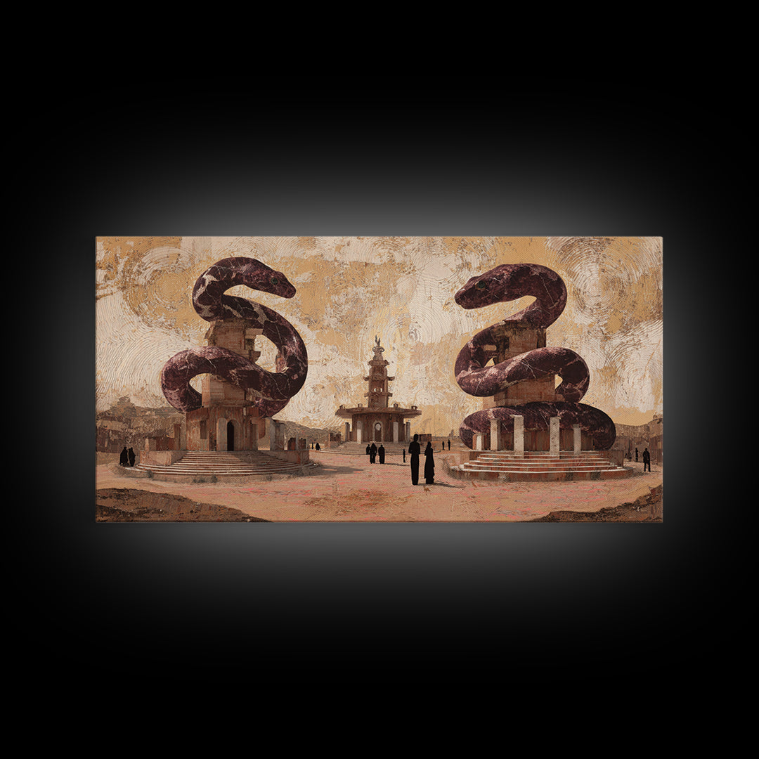 Twin Serpent Desert Plaza Framed Canvas Print, African Inspired Wall Art, Warm Terracotta Cultural Decor, Unique Home Gift