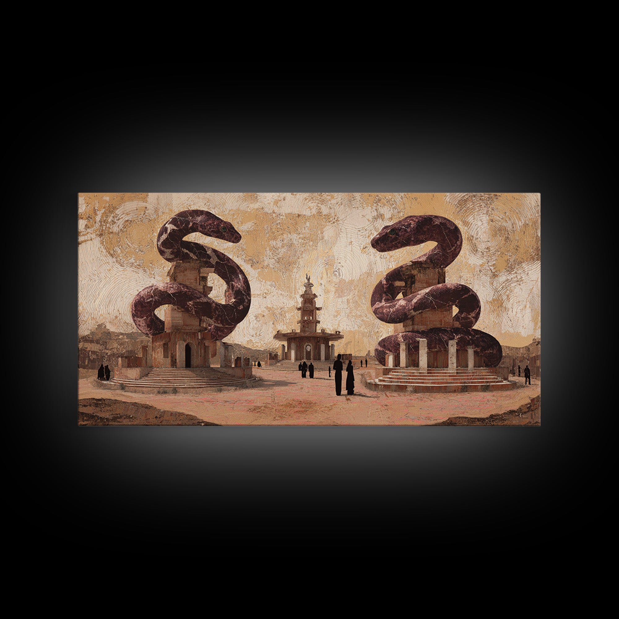 Twin Serpent Desert Plaza Framed Canvas Print, African Inspired Wall Art, Warm Terracotta Cultural Decor, Unique Home Gift
