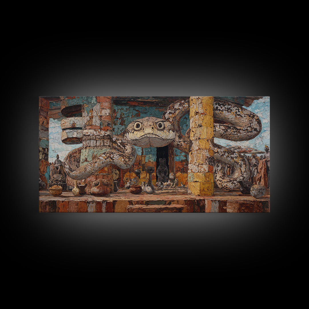 Giant Serpent Market Scene Canvas Print, African Tribal Art, Snake Sculpture Decor, Rustic Bazaar Wall Decor Gift For Living Room