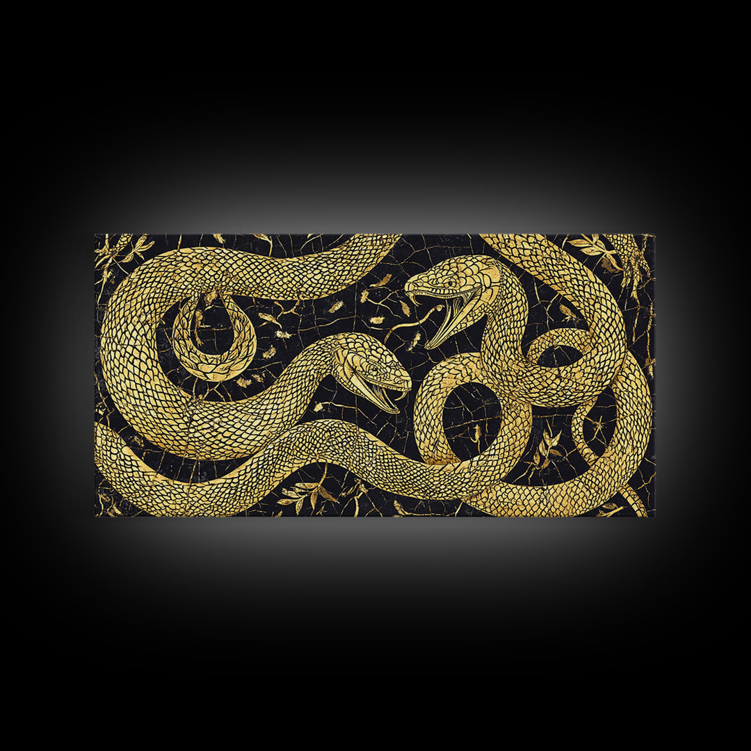 Gold Serpent Botanical Canvas Print, Black And Gold Snake Wall Art, African Inspired Luxury Decor For Bedroom And Office