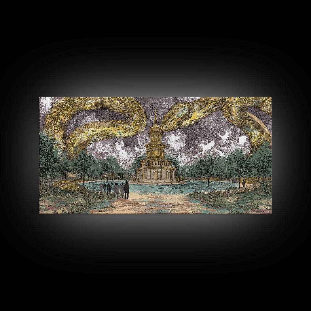 Golden Serpents Over Palace Gardens Wall Art, Surreal Botanical Landscape, Luxury Canvas Print For Elegant Home Decor Gift