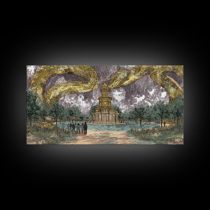 Golden Serpents Over Palace Gardens Wall Art, Surreal Botanical Landscape, Luxury Canvas Print For Elegant Home Decor Gift