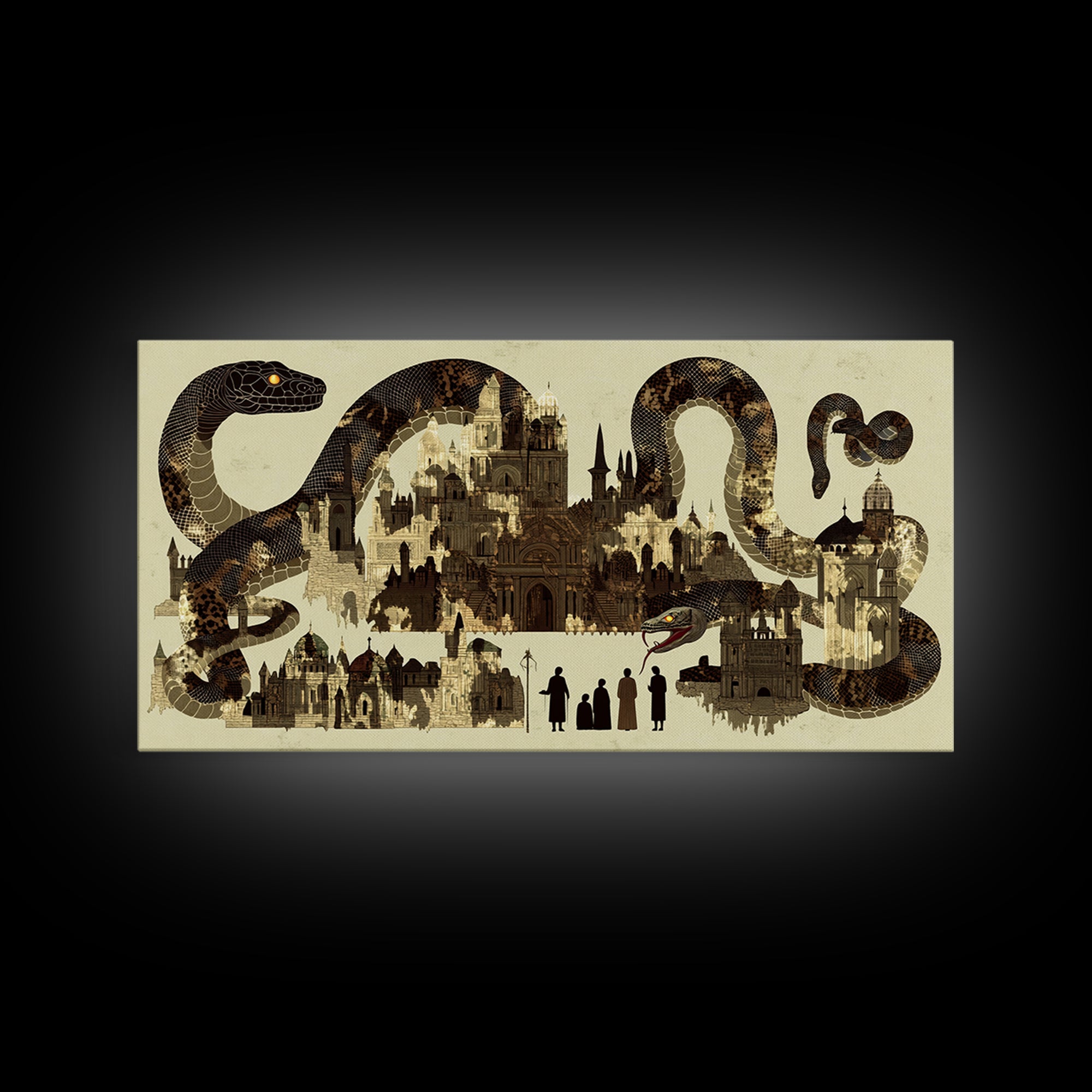 Sepia Serpent Cityscape Canvas Print, Historic Architecture Wall Art, Fantasy Snake Artwork For Study Room Decor Gift For Him