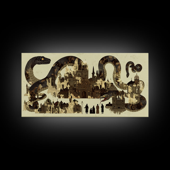 Sepia Serpent Cityscape Canvas Print, Historic Architecture Wall Art, Fantasy Snake Artwork For Study Room Decor Gift For Him