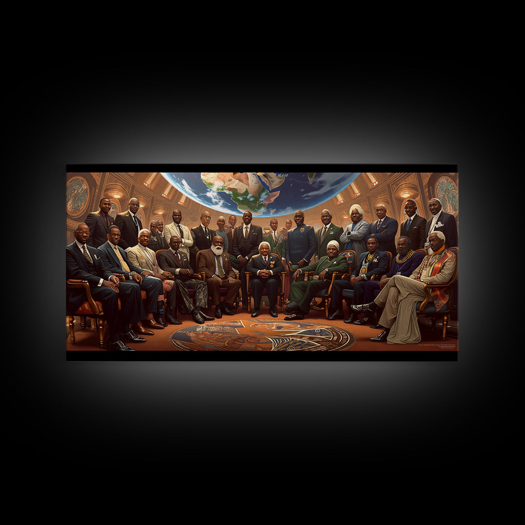 Pan African Council Under Globe Framed Canvas Print, Black Culture Wall Art, African American Leaders Office Decor Gifts