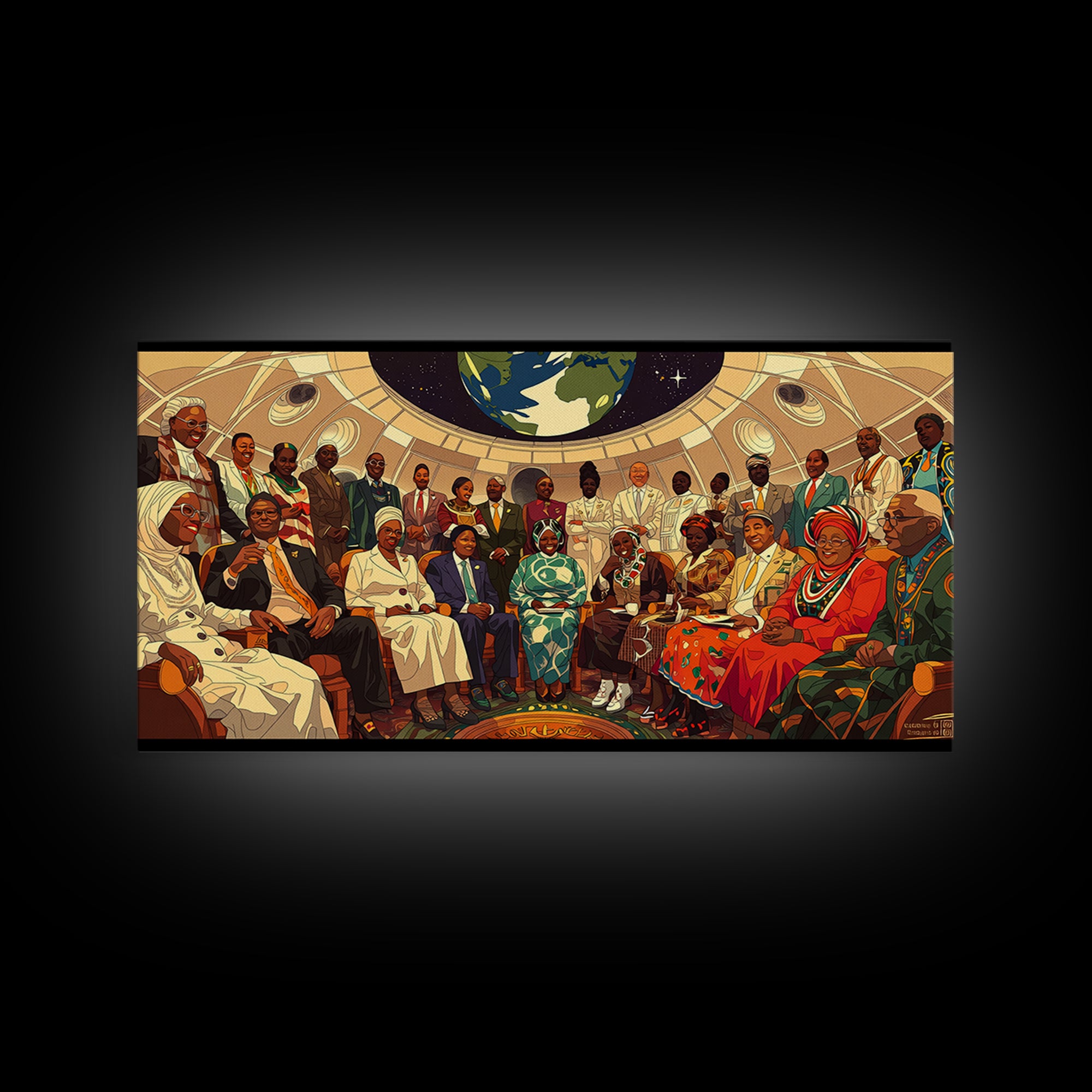 Afrofuturist Elders Council Framed Canvas Print, African American Art, Black Culture Art, Modern African Art, Home Decor