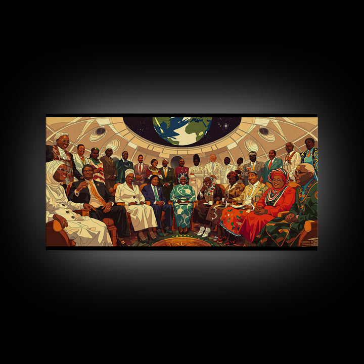 Afrofuturist Elders Council Framed Canvas Print, African American Art, Black Culture Art, Modern African Art, Home Decor